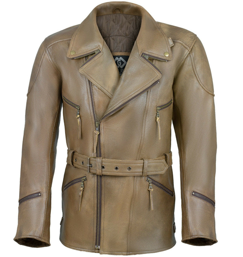 Men's Slim Fit Cross Zip Leather Jacket - Men’s 3/4 Motorcycle Biker Brown Tan