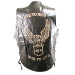 Men’s Brown Leather Embossed Eagle Live to Ride Vest Waistcoat