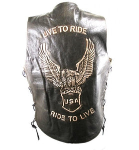 Men’s Brown Leather Embossed Eagle Live to Ride Vest Waistcoat