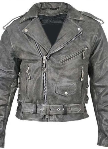 Distressed Leather Men’s Belted Biker Jacket