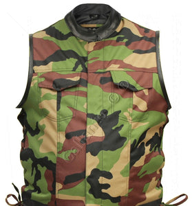 Military Camouflage & Cowhide Leather Cut off Mens Vest Waiscoat Gilet Biker