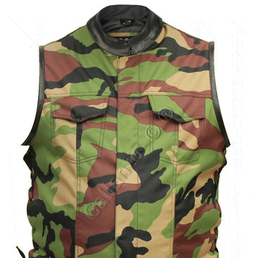 Military Camouflage & Cowhide Leather Cut off Mens Vest Waiscoat Gilet Biker