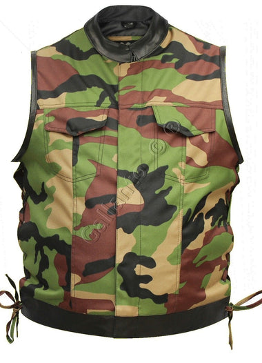 Military Camouflage & Cowhide Leather Cut off Mens Vest Waiscoat Gilet Biker