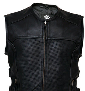 Mens Cowhide Leather Perforated Biker Vest – Motorcycle Waistcoat