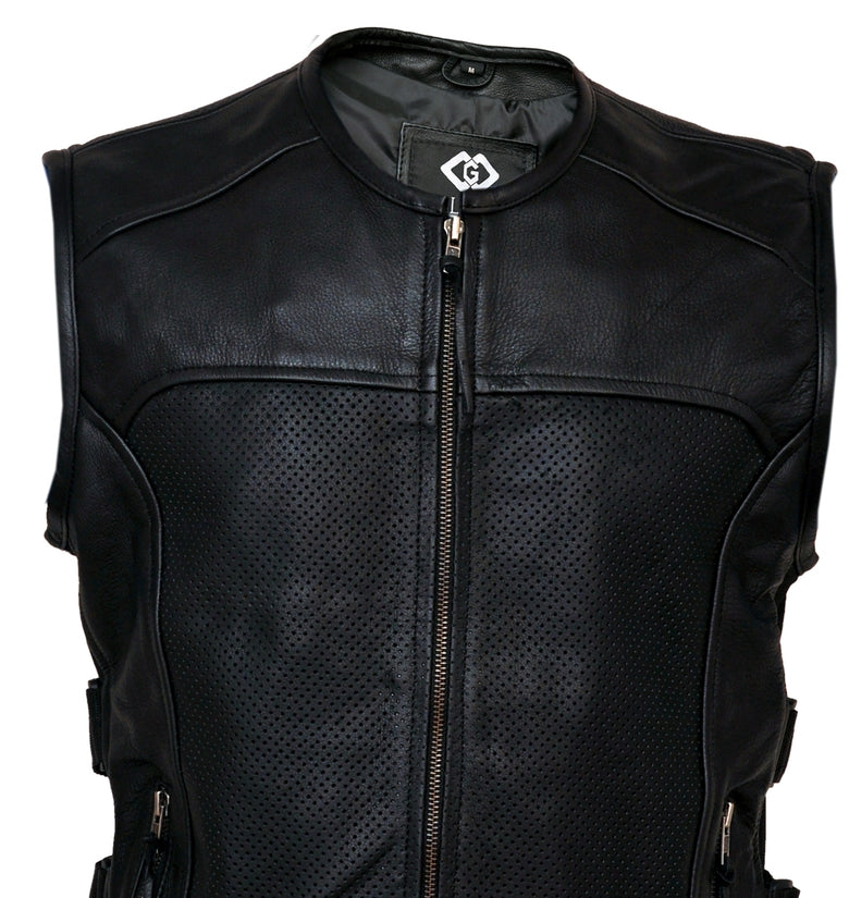 Mens Cowhide Leather Perforated Biker Vest – Motorcycle Waistcoat