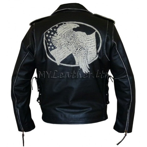 Men’s Black Leather USA Eagle Embossed Motorcycle Jacket