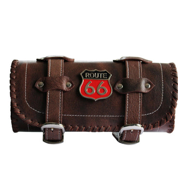 Route 66 Brown Motorcycle Biker Leather Tool Bag Barrel Roll