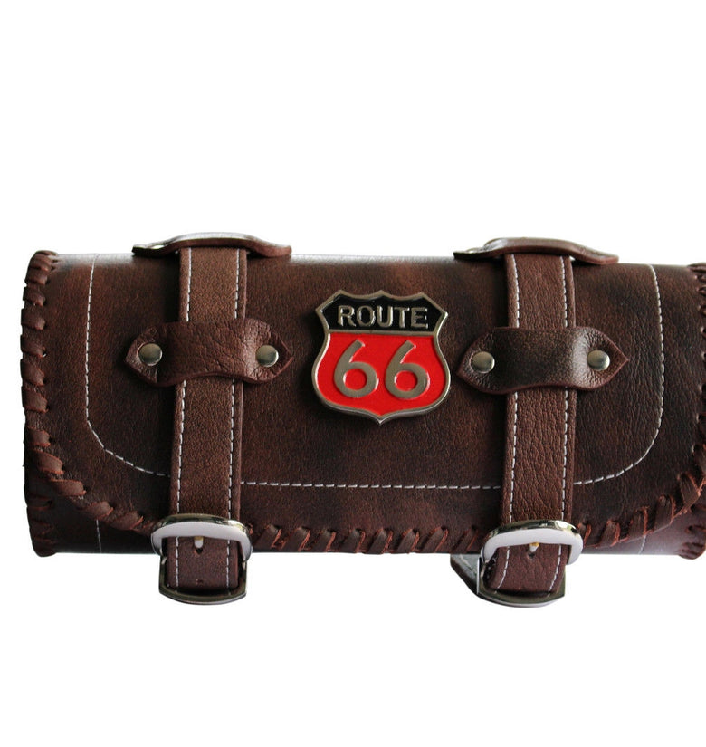 Route 66 Brown Motorcycle Biker Leather Tool Bag Barrel Roll