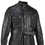 Black Benjamin Button Biker Mens Long Vintage Leather Jacket - Motorcycle Biker Armoured