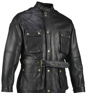 Black Benjamin Button Biker Mens Long Vintage Leather Jacket - Motorcycle Biker Armoured