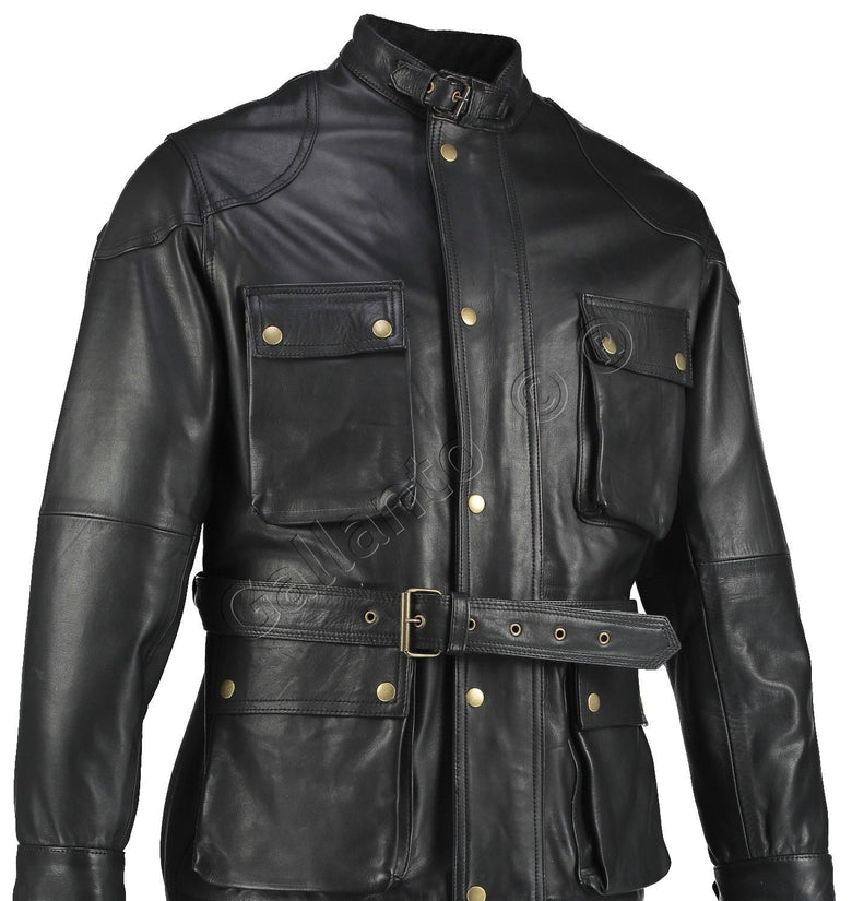 Black Benjamin Button Biker Mens Long Vintage Leather Jacket - Motorcycle Biker Armoured