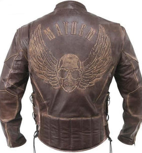Men’s Premium Brown Distressed Leather Flying Skull Racer Jacket