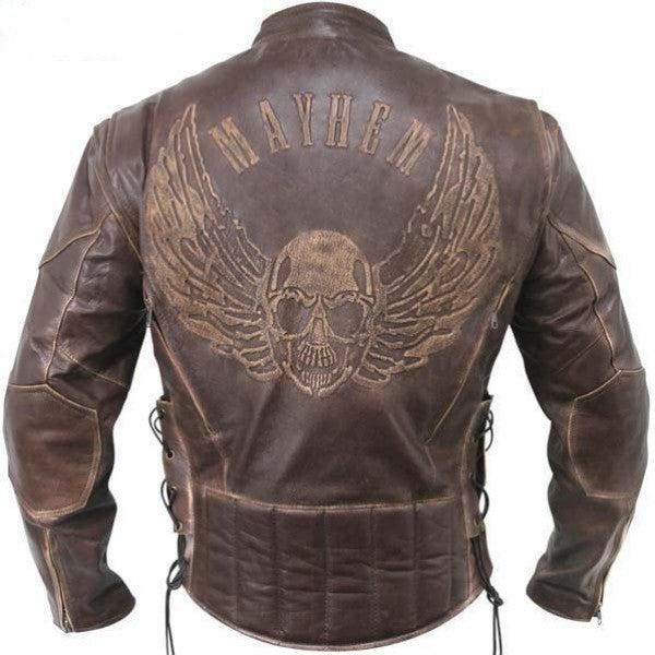 Men’s Premium Brown Distressed Leather Flying Skull Racer Jacket