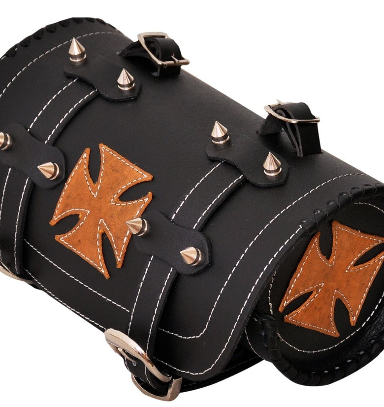Tan Iron Cross Gothic Motorcycle Biker Leather Tool Rool Bag