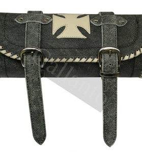 Vintage Gothic Motorcycle Biker Leather Tool Rool Bag with Creme Iron Cross