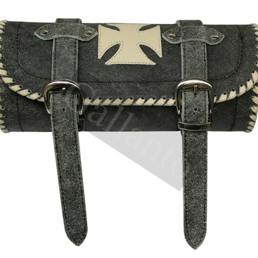 Vintage Gothic Motorcycle Biker Leather Tool Rool Bag with Creme Iron Cross