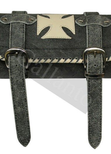Vintage Gothic Motorcycle Biker Leather Tool Rool Bag with Creme Iron Cross