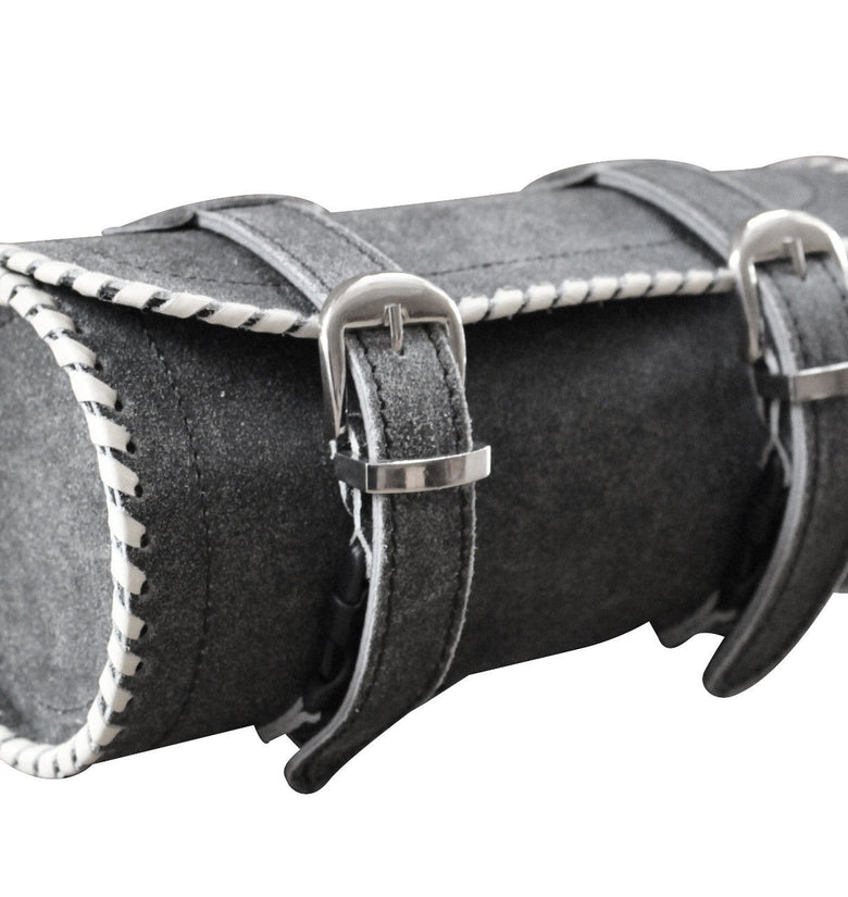 Vintage Motorcycle Biker Real Cowhide Leather Tool Rool Bag Black Trimming